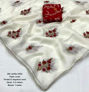 ชุดส่าหรีผ้าไหมบานาราซีเนื้อนุ่มสำหรับผู้หญิง ปักลายด้วยด้ายสวยงาม ประดับด้วยลูกปัดและลูกไม้ตัดกัน พร้อมเสื้อทอผ้าไหมซารี - Product Image 2