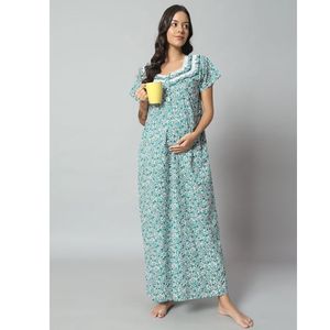 Camisón de encaje 100% algodón para mujer, de manga media, largo completo, transpirable, con estampado floral, elegante, informal, suave, para verano y otoño - Product Image 1