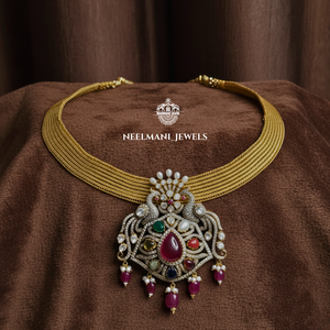 Big Navratna Peacock Pendant with <b>Ruby</b> Bezel Setting Inlay Technology - Product Image 5