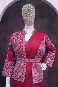 Women Ready to Wear <b>Jacket</b> Saree in Crepe Silk with Embroidered Koti Blouse Festive Party Ethnic Look - Product Image 4