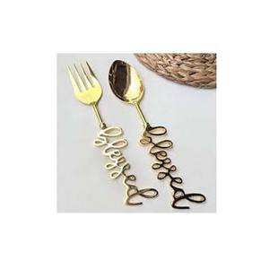 <b>Gold</b> Polished Stainless Steel Serving Spoon Set with Writing Design Handle Design Royal Look Server Set - Product Image 1