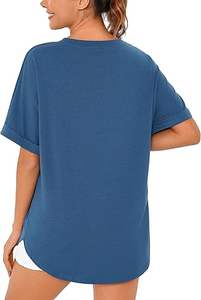 เสื้อยืดคอกลมแขนสั้นทรงหลวมสีน้ำเงินของผู้หญิงผ้าแคนวาสแฟชันลำลองฤดูร้อนพิมพ์โลโก้ออกแบบได้ตามต้องการ - Product Image 4