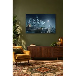 Impression sur toile de navires pirates Fida dans une mer agitée au clair de lune - Product Image 1