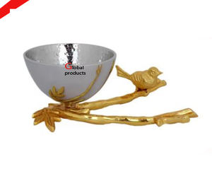 Offre spéciale, bol de service en aluminium et métal fini argent avec support au design d'oiseau doré pour restaurant et bar d'hôtel - Product Image 1