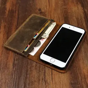 Hot Selling Brown Cowhide Handmade Distressed Genuine Cow Hide Leather Phone Wallet Case Mobile Case Covers At Wholesale Price