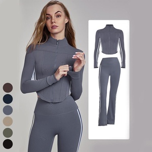 Femmes respirant sport pleine fermeture éclair vestes avant Yoga évasé Leggings deux pièces vêtements de sport vêtements d'entraînement ensemble de survêtement - Product Image 3