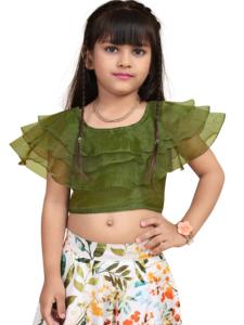 Ensemble Lehenga Choli traditionnel bohème floral pour filles Shoryam, vert olive, haut court à volants, imprimé, longueur au sol, coupe trapèze - Product Image 5