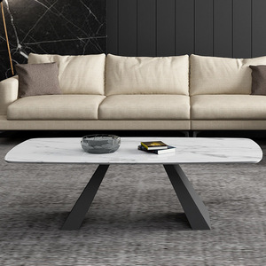 Table basse rectangulaire avec plateau en pierre 110x55x45cm, design moderne style ferme, pieds en fer, table d'appoint durable pour salon - Product Image 2