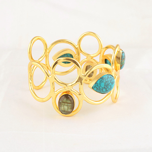 Pulsera de Moda con Turquesa Verde y Labradorita Natural, Pulsera de Diseño Chapada en Oro de 18k, Brazalete Ajustable de Latón Sólido - Product Image 4