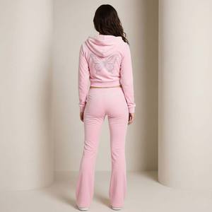 Wholesale Custom <b>Women</b> Y2K Velvet Tracksuit Set Butterfly Cropped Zip Hoodie Flared Pants Two Piece Above Knee Sweat <b>Suit</b> - Product Image 6
