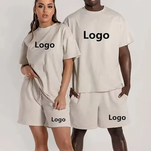 Conjunto de camisetas y pantalones cortos de dos piezas de alta calidad para hombres y mujeres, camiseta recortada de manga corta de algodón liso personalizada de verano 2024 para hombres - Product Image 1