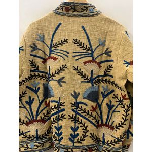 Veste en coton artisanale Saffron Garden, style Prairie Chic, avec points de chaînette, couleur moutarde poussiéreuse et indigo, pour la saison printanière, finition soignée - Product Image 6
