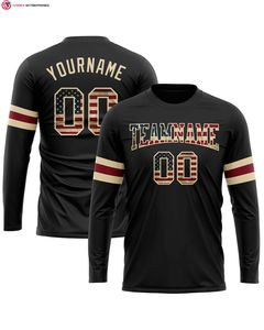 Custom 100% Cotton Vintage USA Flag T-Shirt <b>Black</b> Crimson-Cream Long Sleeve Performance Jersey Casual Style Front Printed Logo - Product Image 1