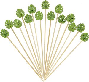 Green Monstera Leaf Cocktail Picks, 5 Inch Long Bamboo Fancy Toothpicks for Appetizers, <b>Decorative</b> Summer Tropical <b>Hawaiian</b> - Product Image 1