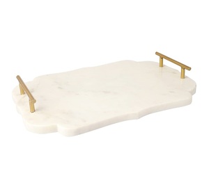 Plateau de service décoratif en marbre fait à la main de forme ronde avec poignée dorée pour plateau de service décoratif en marbre de cuisine. - Product Image 5