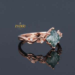 Anillo de Compromiso de Oro de 18K con Ágata Musgosa, Anillo de Hoja de Diamante con Ágata Musgosa Verde Natural, Anillo de Promesa Nupcial de Lujo para Mujer - Product Image 3