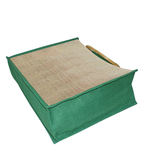 Bolso de compras grande de yute con mango de caña, estampado de logotipo de característica reutilizable de fuelle verde, fabricado en Bengala Occidental, India - Product Image 6