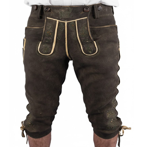 Pantalon en cuir de chèvre à motif écossais, respirant, style bavarois, longueur genou, marron foncé, pour homme, tendance - Product Image 2