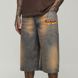 กางเกงขาสั้นผ้ายีนส์สีทึบของผู้ชายผ้าฝ้าย100% 2026ปักโลโก้สตรีทแวร์ใส่สบายฮิปฮอปกันน้ำ - Product Image 1