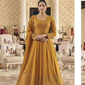 Heavy Faux Georgette bordado mujer Menkalinan traje indio y paquistaní ropa con trabajo de papel - Product Image 1