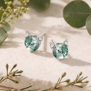 Jeulia Minimalist Cat Shape Moss Agate <b>Stud</b> Earrings Rose Gold Sterling <b>Silver</b> - Product Image 4
