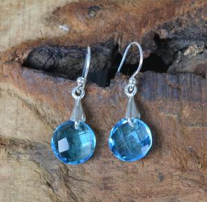 ต่างหูควอตซ์สีฟ้า925เงินสเตอร์ลิงทำด้วยมือเครื่องประดับอัญมณีเหลี่ยมเพชรพลอยชุบทองของขวัญแต่งงานสำหรับวันเกิดของเธอ - Product Image 3