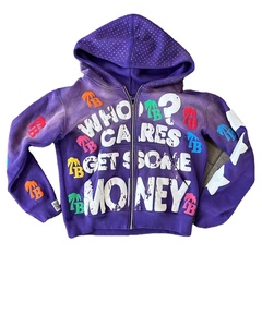 Sun-fade Effect Sweat à capuche zippé en coton mélangé avec strass sur la capuche - Product Image 1