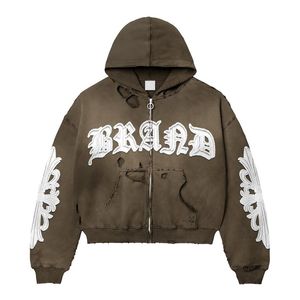 Low Moq Fabricante Custom Cotton 500 GSM Distressed Washed Rhinestone Double Zip up Hoodie - Product Image 3