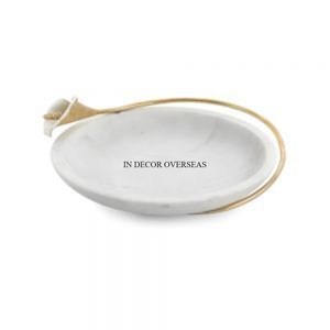 Recién llegado, bandeja para servir de forma redonda de mármol de Color blanco de la mejor calidad con diseño de flor de lirio de Cala chapado en oro al precio más bajo - Product Image 1