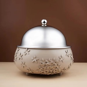 En venta, calentador de alimentos de forma redonda, Color cremoso, recubierto de polvo, hecho a mano, acero inoxidable, tapa de Color plateado - Product Image 2