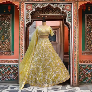 Fancy Ladies' Yellow Traditional Lehenga Choli Set with Dupatta Soft <b>Net</b> Thread Sequence Work Long Heavy <b>Dress</b> Gown & Anarkali - Product Image 1