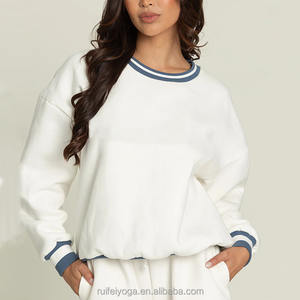 Design personnalisé de luxe universitaire Pullover Cuff Striped 100% Cotton Jersey Women Oversize Fleece Crew Neck Embroidered Sweatshirt - Product Image 5
