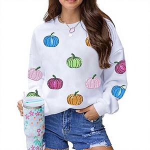 Trendy Autumn Glow Pumpkin Sequin Sweatshirt <b>Sparkling</b> Pumpkin Casual <b>Top</b> Versatile Loose Fit for Every Season - Product Image 1
