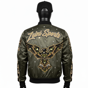 Blouson Bomber en Satin Premium Vert Olive avec Broderie Aigle et Détails Strass – Veste en Satin Personnalisable avec Logo pour Homme - Product Image 4
