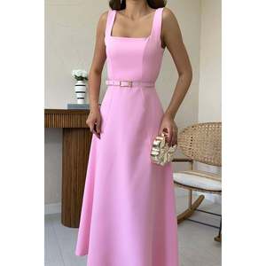 Robe longue en satin rose avec ceinture - Rose - Product Image 5
