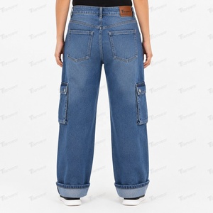 <b>Women</b>’s Baggy Denim Cargo <b>Jeans</b> Manufacturer Custom Wide Leg Cargo Pants for <b>Women</b> High Waist Vintage Washed <b>Blue</b> <b>Jeans</b> - Product Image 3