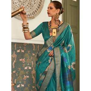 Sari en soie tissée bleu sarcelle cultivé, pour les festivals, accessoire de performance - Product Image 4