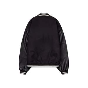 Chaqueta de bombardero universitaria para hombre, ropa de abrigo negra de gran tamaño con mangas de piel sintética y ribete de costilla y logotipo trasero bordado - Product Image 6