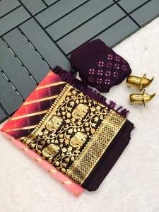 Sari étnico de seda pura con relleno ligero de Georgette y estampado de elefante de lámina dorada para ropa de fiesta para adultos - Product Image 3