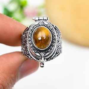 Anillo de Citrino Ajustable con Ojo de Tigre, Caja de Mensajes de Piedras Preciosas, Anillo de Plata de Ley 925 con Caja Secreta, Regalo Único para las Fiestas - Product Image 1