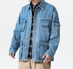 Custom Cargo Pockets Men <b>Denim</b> Jacket 100% Cotton Vintage Washed High Street Embroidery Men Zip up Plus Size <b>Denim</b> Jacket <b>Coat</b> - Product Image 1