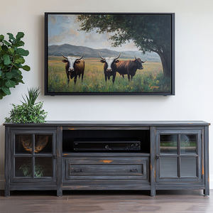 Meuble TV rustique en bois avec armoires de rangement et tiroirs, console multimédia longue pour salon - Product Image 2