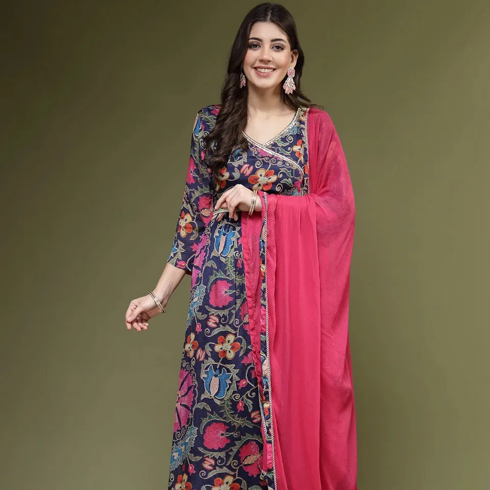 Top Selling Embroidered Mirror Work Salwar Suits for Women Round Neck Anarkali Kurta Latest Designer Printed Anarkali Dress OEM