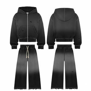 เสื้อฮู้ดดี้ครอปทรงวินเทจสำหรับผู้ชาย ผ้าฝ้ายเฟรนช์เทอร์รี่ ล้างสีแบบแอซิด พิมพ์ลายด้วยเทคนิค DTG ดีไซน์ทำเก่า แต่งซิปประดับคริสตัล - Product Image 2