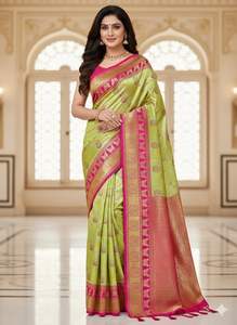 ชุดส่าหรีผ้าไหมกันชิรัมปาทานีสำหรับงานปาร์ตี้ พร้อมผ้าสำหรับตัดเสื้อ  ลายปักดิ้นทองหนักแบบปาลูและลายขอบ  สำหรับผู้หญิง มีสินค้าพร้อมส่ง - Product Image 4