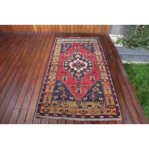 Turkish Vintage Rug 3.3x6.46 ft (100x197 cm), <b>Red</b> <b>Wool</b> Rug - Product Image 1