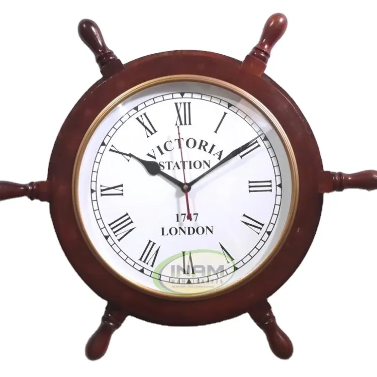 Relógio de parede, antiguidade, acabamento, madeira, roda, pendurado, relógio de parede, estilo marinho náutico, 18"