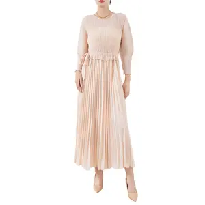 2025 Women's Elegant Evening <b>Dress</b> <b>High</b> Quality Fabric Miyake Pleated Loose <b>Waist</b> Vintage Casual Office Style Spring Summer - Product Image 1