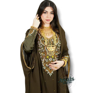 Caftán Árabe AWAIS HOUSE Zardozi, Abaya Farasha Jalabiya Hijab, Ropa Islámica, Hecho a Mano con Cuentas, Poliéster Ligero, Largo - Product Image 1
