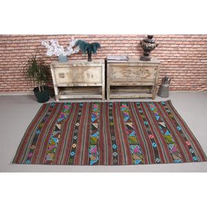 Tapis vintage 4x6,8 pieds, tapis turc, tapis marron et bleu à bords bordés - Product Image 2